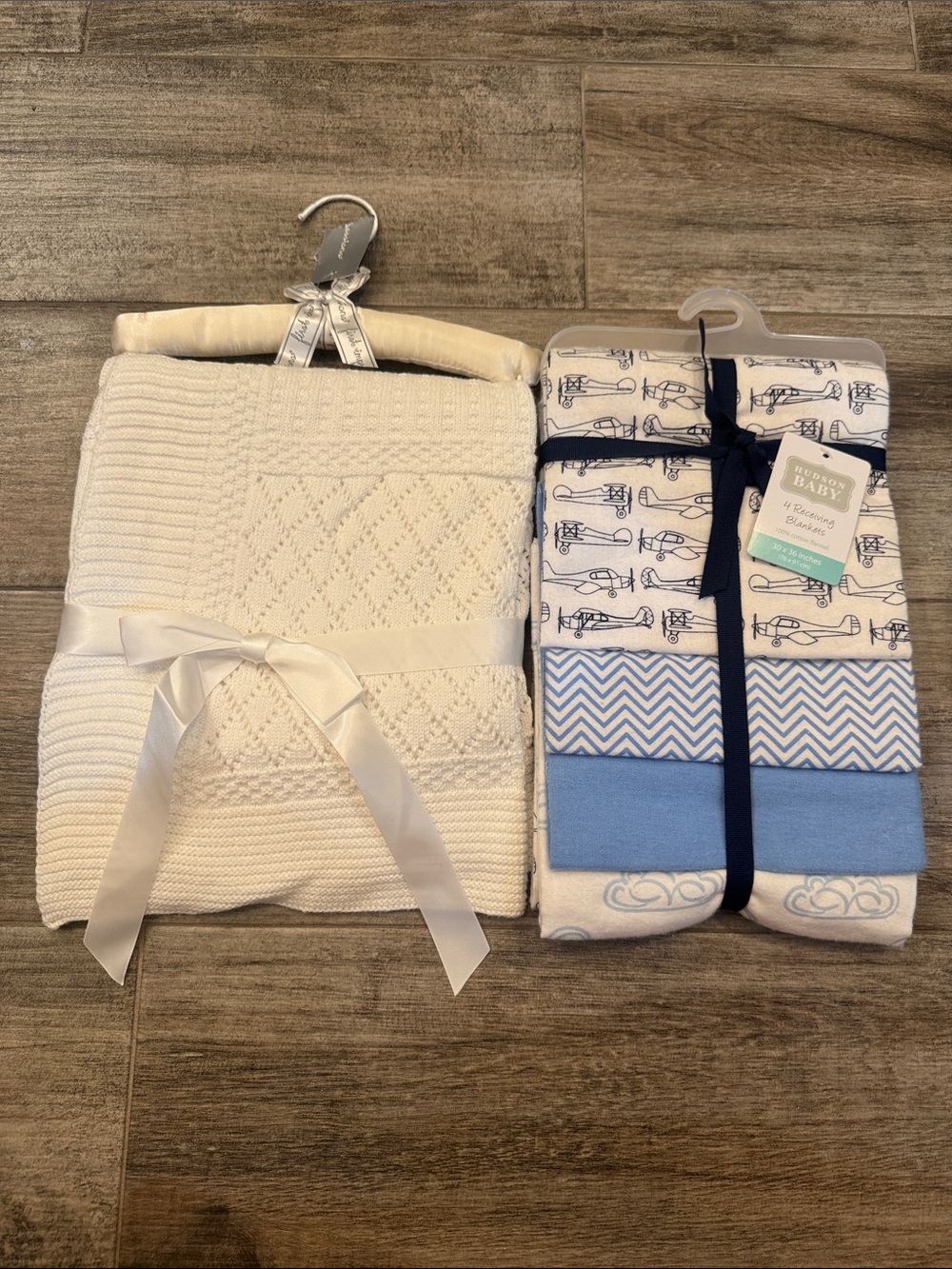 First impressions Cream Knit Blanket with Hudson Baby receiving blankets Bundle